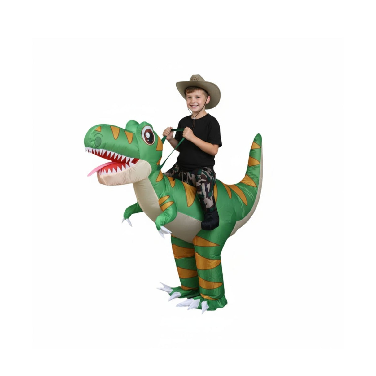 Dinosaurier Kostüm Kinder 120–140cm – grün, mit Lüfter & Batteriekasten