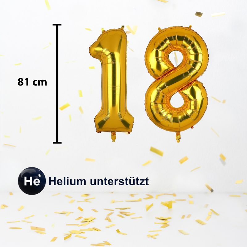 Folienballon Zahl 18 Zahlenballon Luftballon Heliumballon Golden 81cm