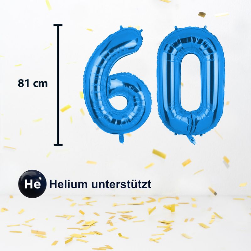 Folienballon Zahl 60 Blau Zahlenballon Heliumballon Luftballon 81cm