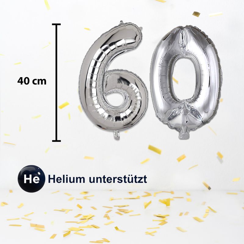 Zahlenballon Zahl 60 Silbrig Folienballon Luftballon Heliumballon 40cm
