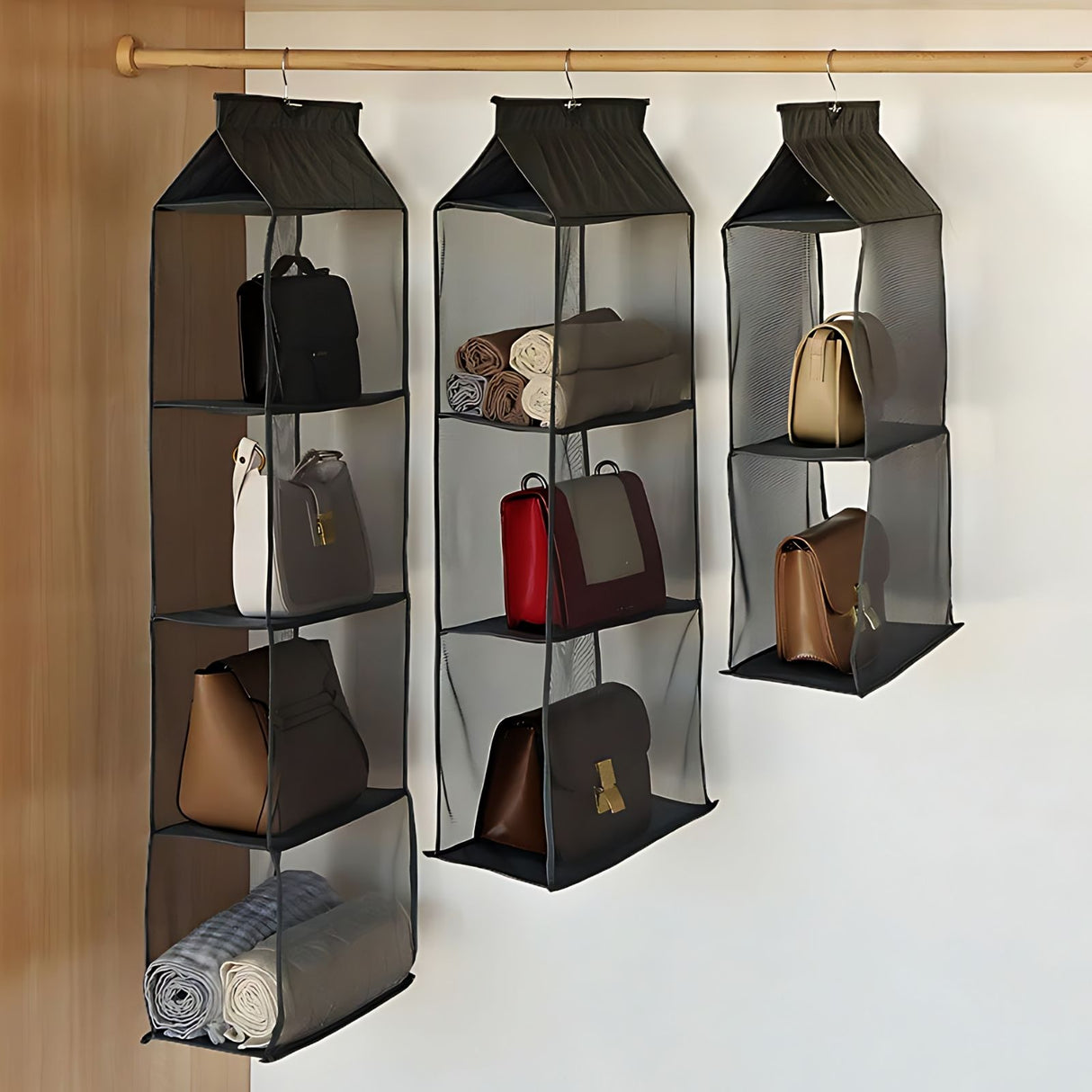 Handtaschen-Organizer zum Aufhängen Hängeaufbewahrung 3 Fächer Schwarz