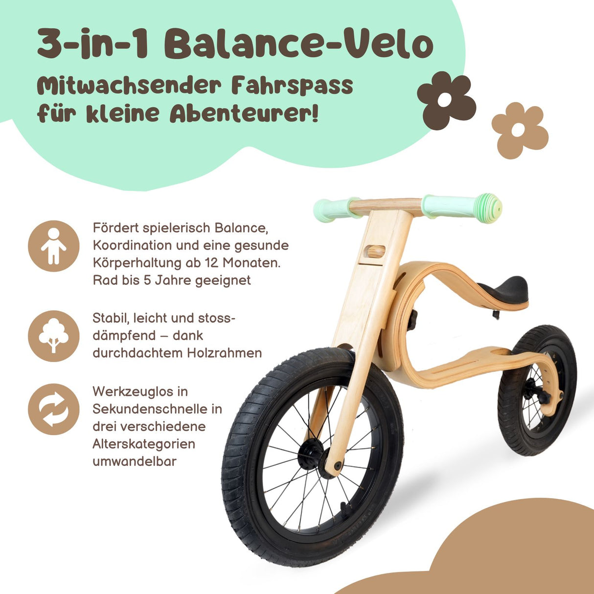 Baby Balance Bike 3 in 1 Lauflernrad Laufrad Kinderfahrrad aus Holz