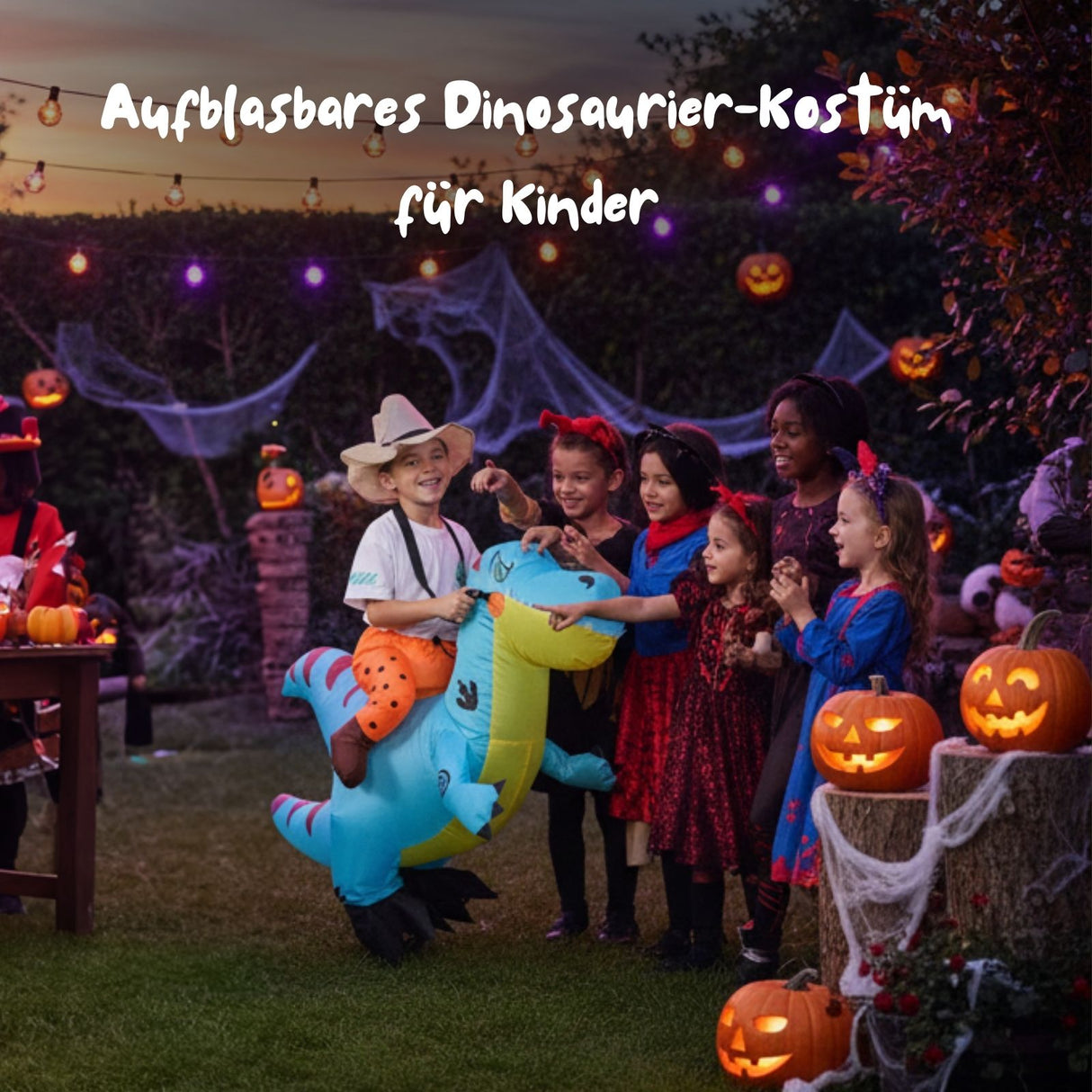 Dinosaurier Kostüm Kinder 120–140cm – blau, mit Lüfter & Batteriekasten