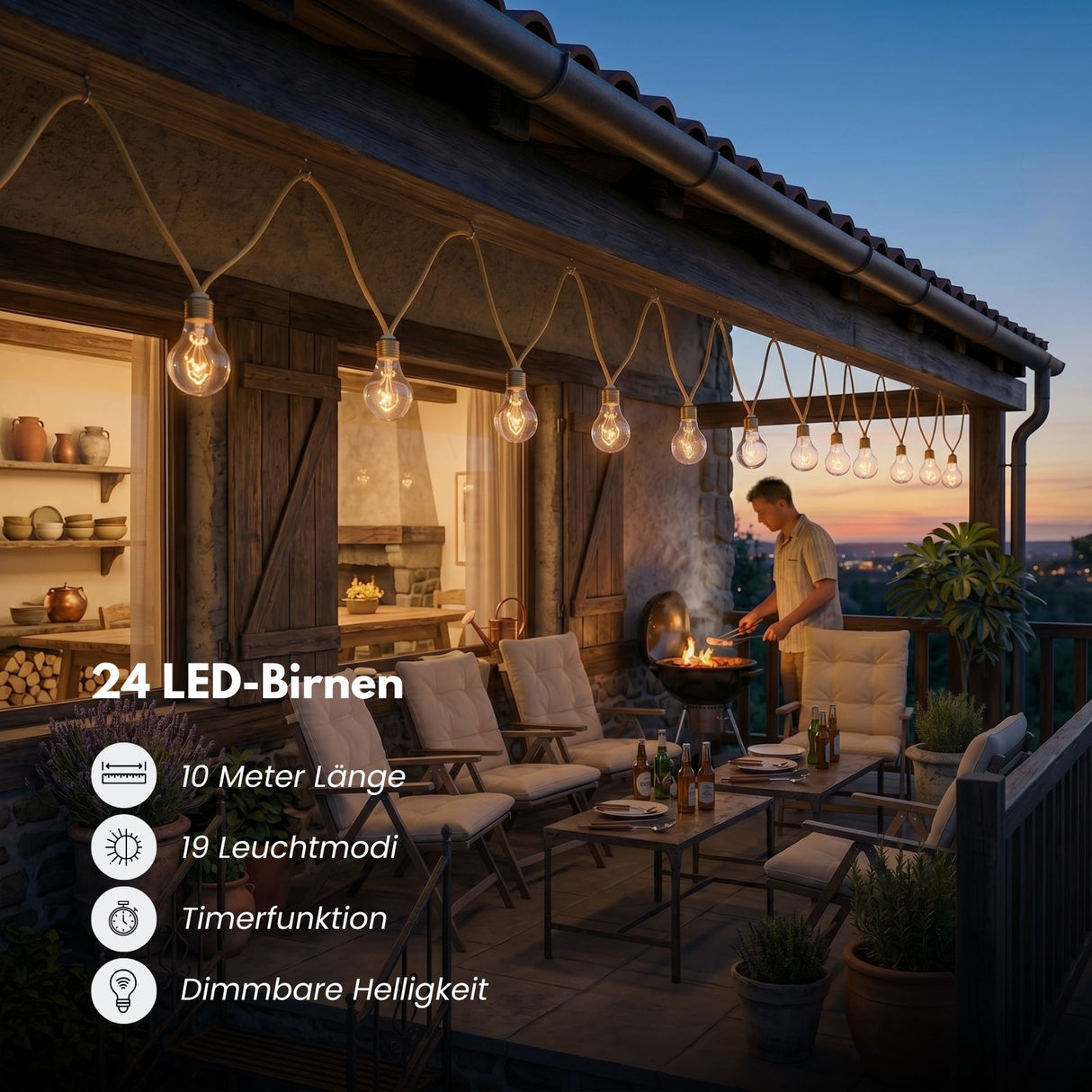 LED-Hanfseil-Dekoleuchte 10m Solarleuchte Gartenlicht Gartenbeleuchtung