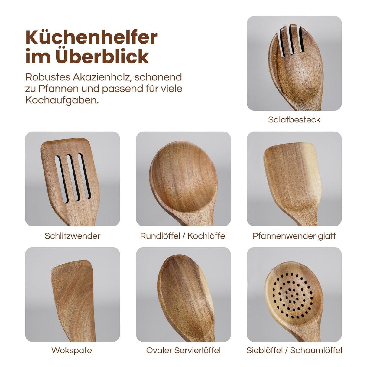 9-tlg. Küchenhelfer-Set aus Holz Küchenutensilien Kochlöffel-Set