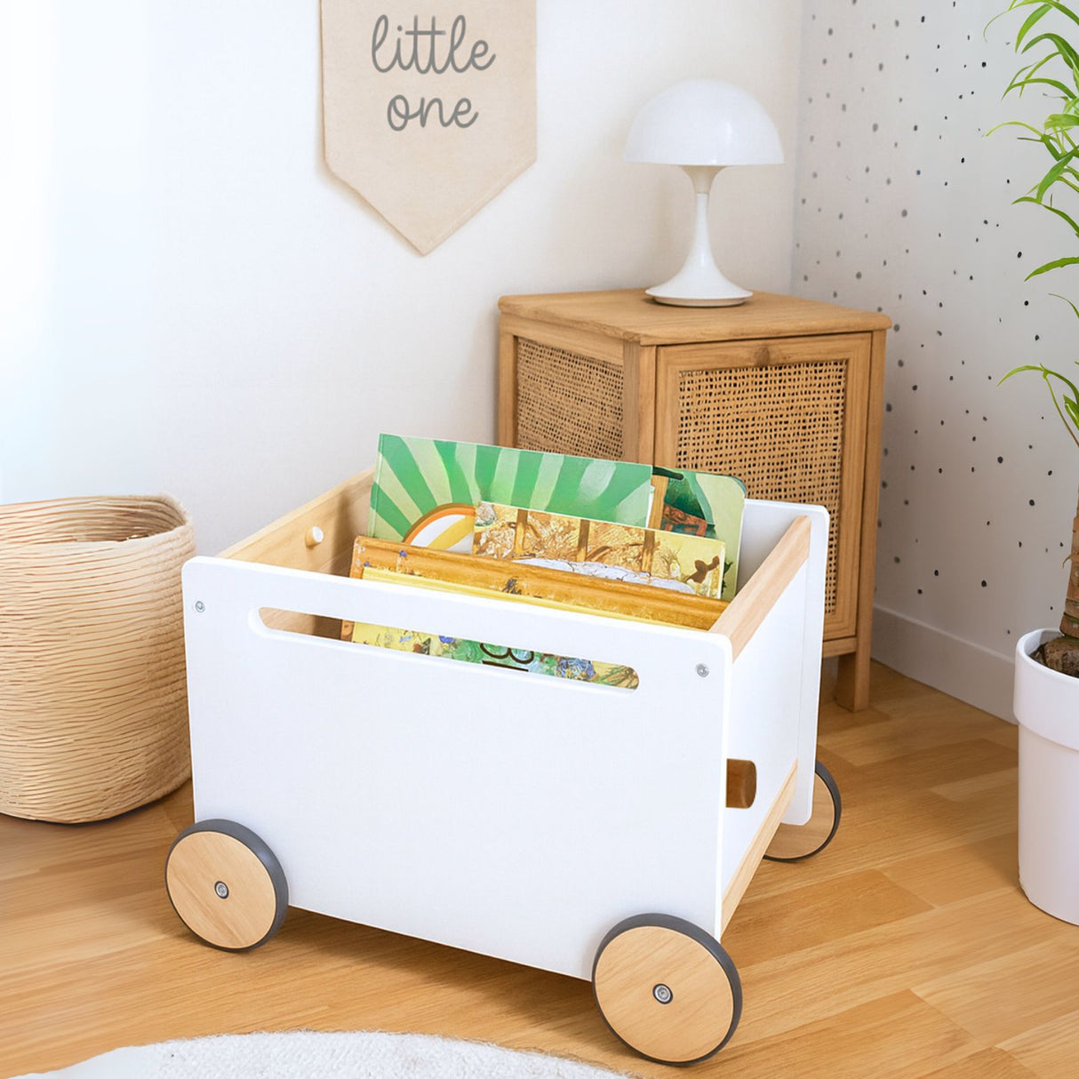 Spielzeugkiste auf Rollen Spielzeugwagen Bücherkiste Holz-Rollbox