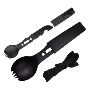 Multifunktionales 7in1 Outdoor-Besteck Gabel Messer Löffel Flaschenöffner Pfeife Schaber Seilöse