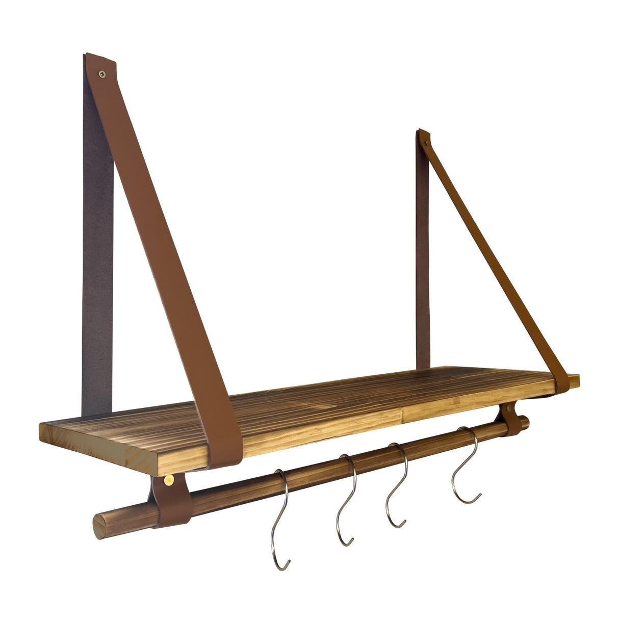 Wandregal 60cm mit Lederbändern und Holzstab Dekoregal Hängeregal