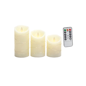 3er-Set LED Echtwachskerze mit Lichterkette Elektronische Stumpenkerze
