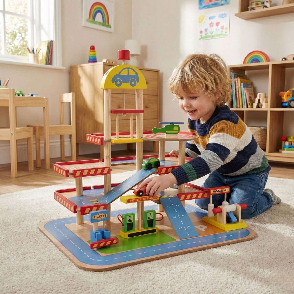 Holz-Parkhaus für Kinder mit Zubehör Parkgarage Spielzeug Spielgarage