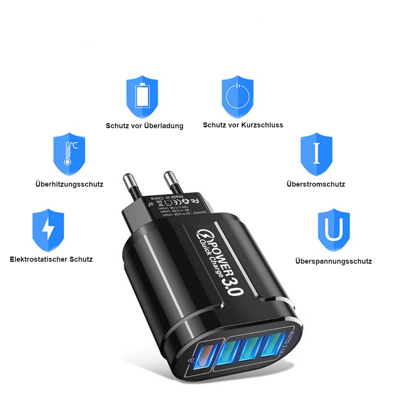 Schnellladegerät 48W QC3.0 4-Port USB-A 3.0/3.1 Poweradapter Charger