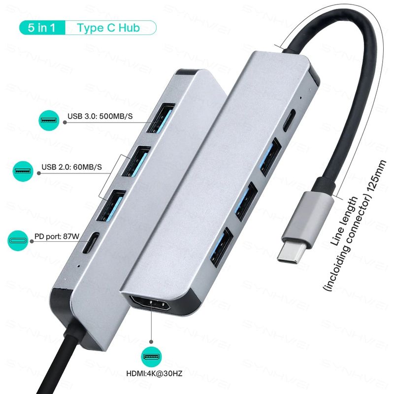 Dockingstation Multi USB-Hub USB-C 5in1 USB-A 3.0/2.0 HDMI 4K 5-port