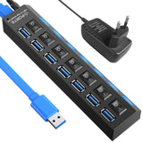USB-Hub USB-A 3.0 7-Port Adapter mit Ein- u. Ausschalter und Licht