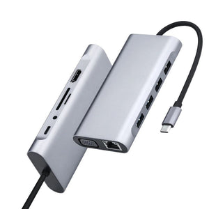 Dockingstation Multi USB-Hub USB-C 11in1 USB-A HDMI microSD/SD RJ45 AUX VGA