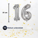Zahlenballon Zahl 16 Folienballon Geburtstagsparty Ballon Silbrig 81cm