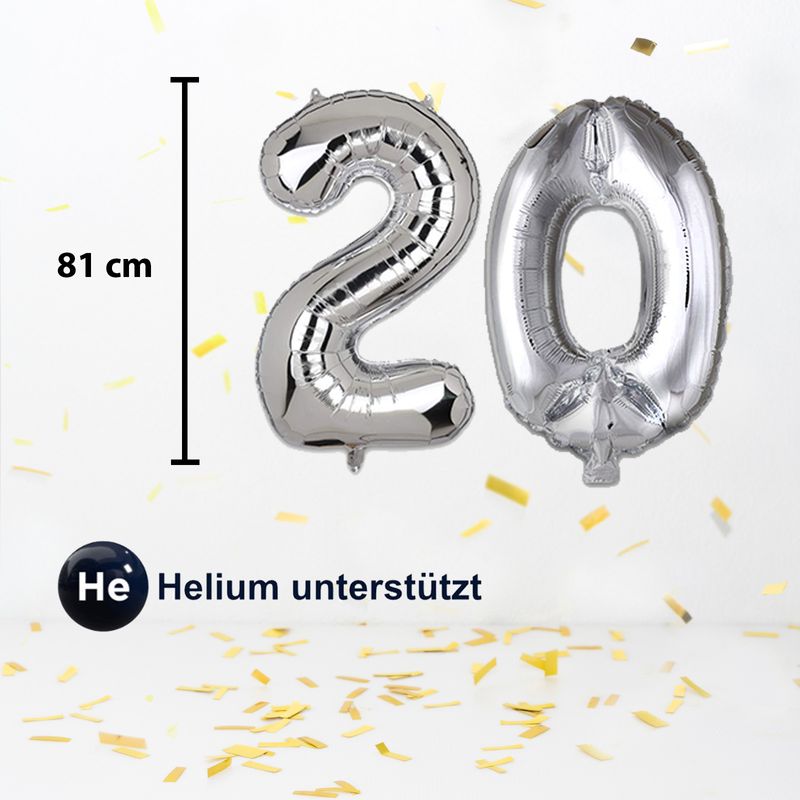 Zahlenballon Zahl 20 Folienballon Geburtstagsparty Ballon Silbrig 81cm