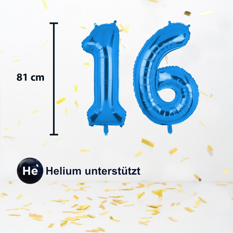 Zahlenballon Zahl 16 Folienballon Geburtstagsparty Ballon Blau 81cm