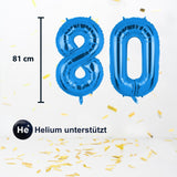 Folienballon Zahl 80 Zahlenballon Luftballon Heliumballon Blau 81cm