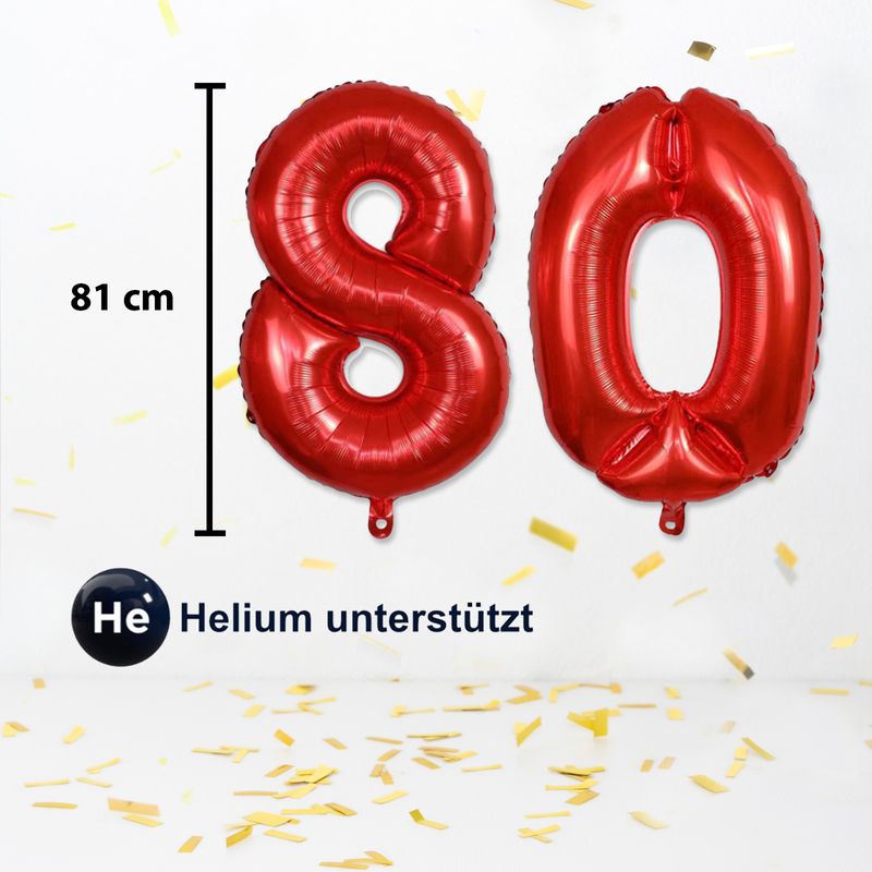 Zahlenballon Zahl 80 Folienballon Heliumballon Luftballon Rot 81cm