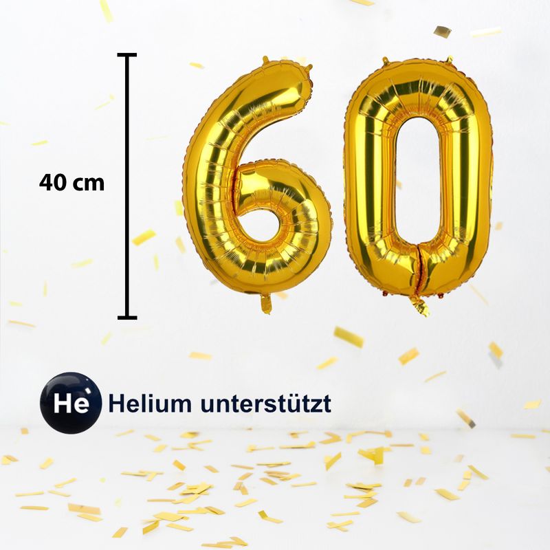Zahlenballon Zahl 60 Folienballon Luftballon Heliumballon Golden 40cm