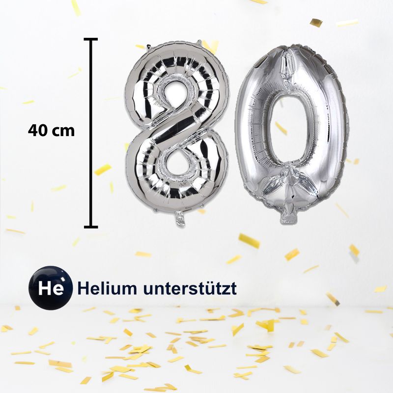Zahlenballon Zahl 80 Folienballon Luftballon Heliumballon Silbrig 40cm