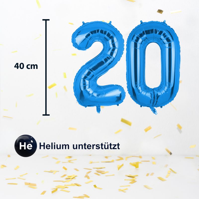 Zahlenballon Zahl 20 Folienballon Luftballon Heliumballon Blau 40cm