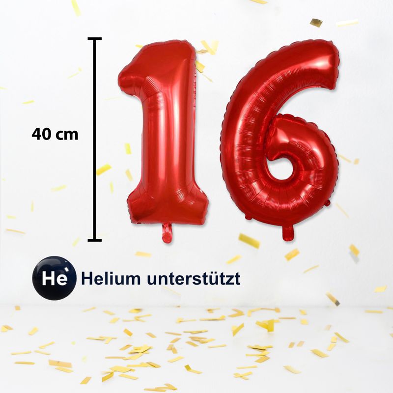 Zahlenballon Zahl 16 Folienballon Geburtstagsparty Ballon Rot 40cm