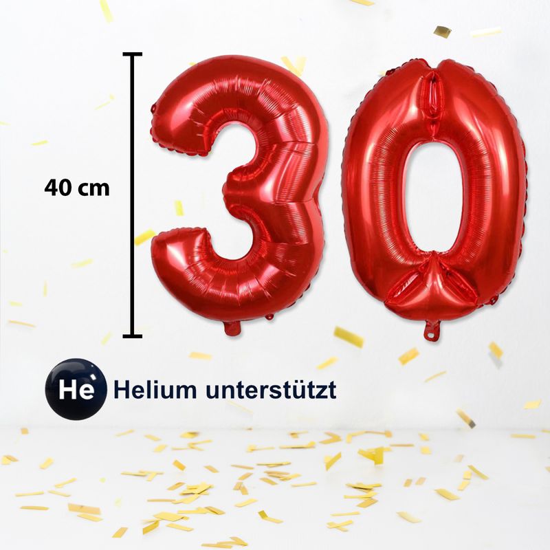 Folienballon Zahl 30 Rot Zahlenballon Heliumballon Luftballon 40cm