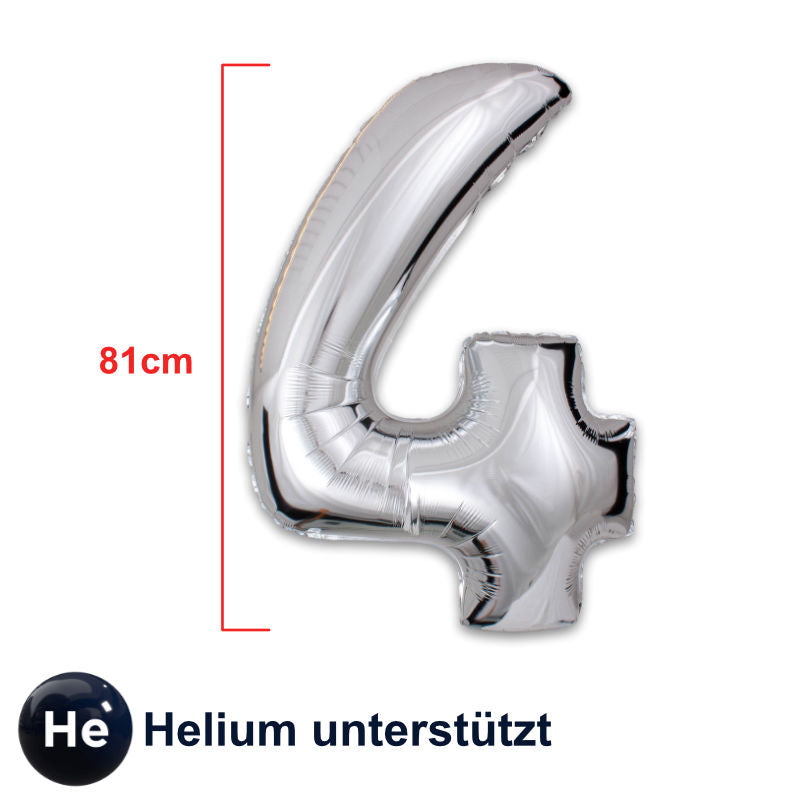 Folienballon Zahl 4 Zahlenballon Geburtstagsparty Ballon Silbrig 81cm