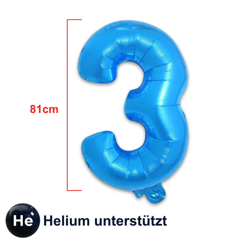 Zahlenballon Zahl 3 Folienballon Luftballon Heliumballon Blau 81cm