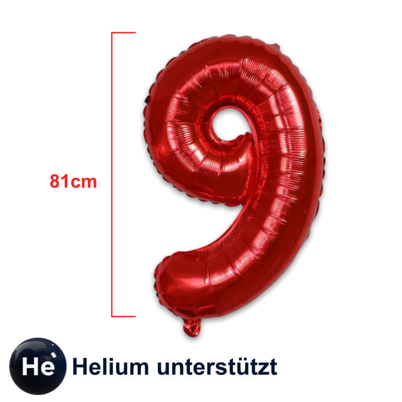 Zahlenballon Zahl 9 Rot Folienballon Luftballon Heliumballon 81cm