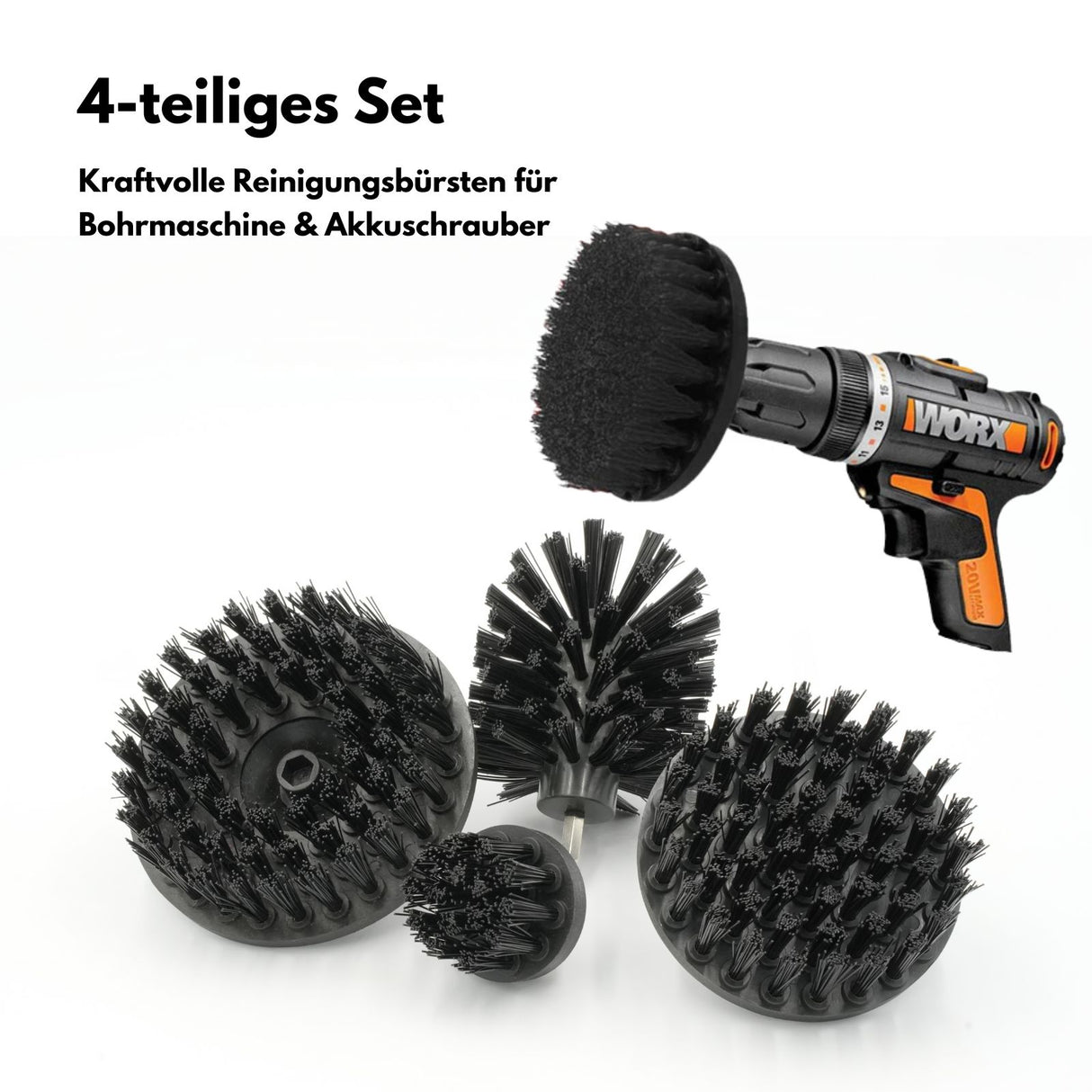4-tlg. Bürstenaufsatz-Set Nylonbürste für Bohrmaschine/Akkuschrauber