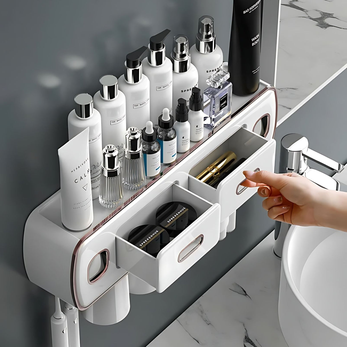 Multifunktionaler Zahnbürstenhalter mit Schublade Zahnpastaspender Set