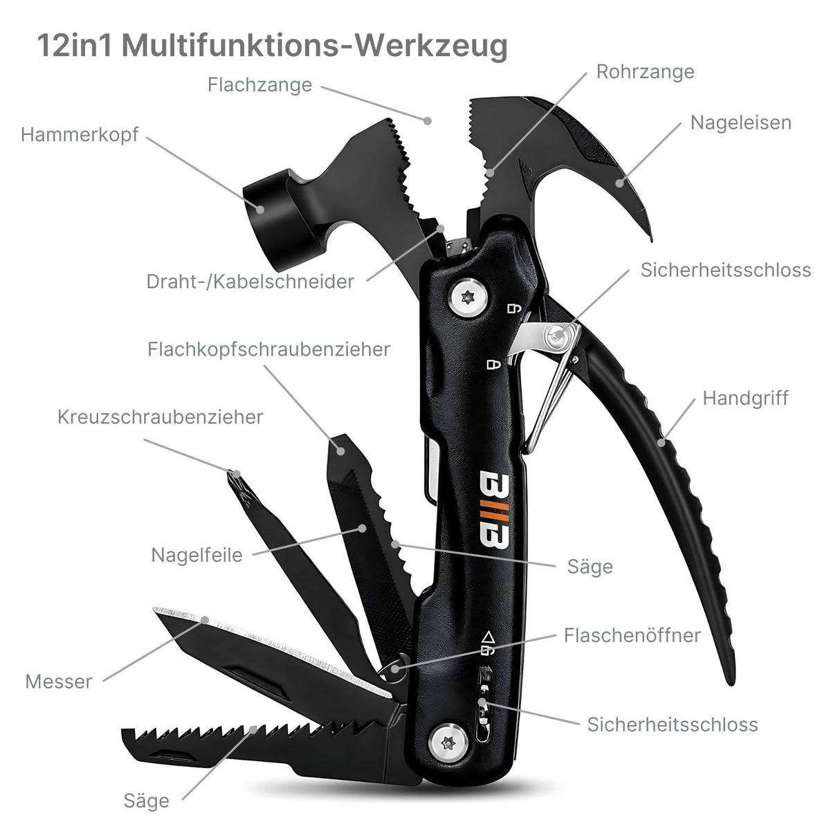 12in1 Multifunktions-Werkzeug Hammer Zange Säge Messer Schraubendreher Feile