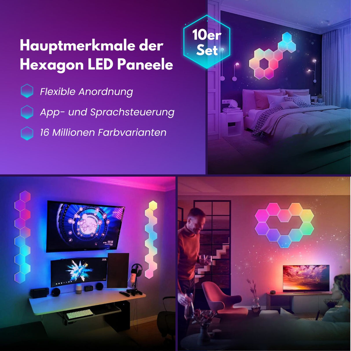 10er Set Smart LED RGBIC Hexagon-Leuchtplatten Lichtpaneele Wandleuchte