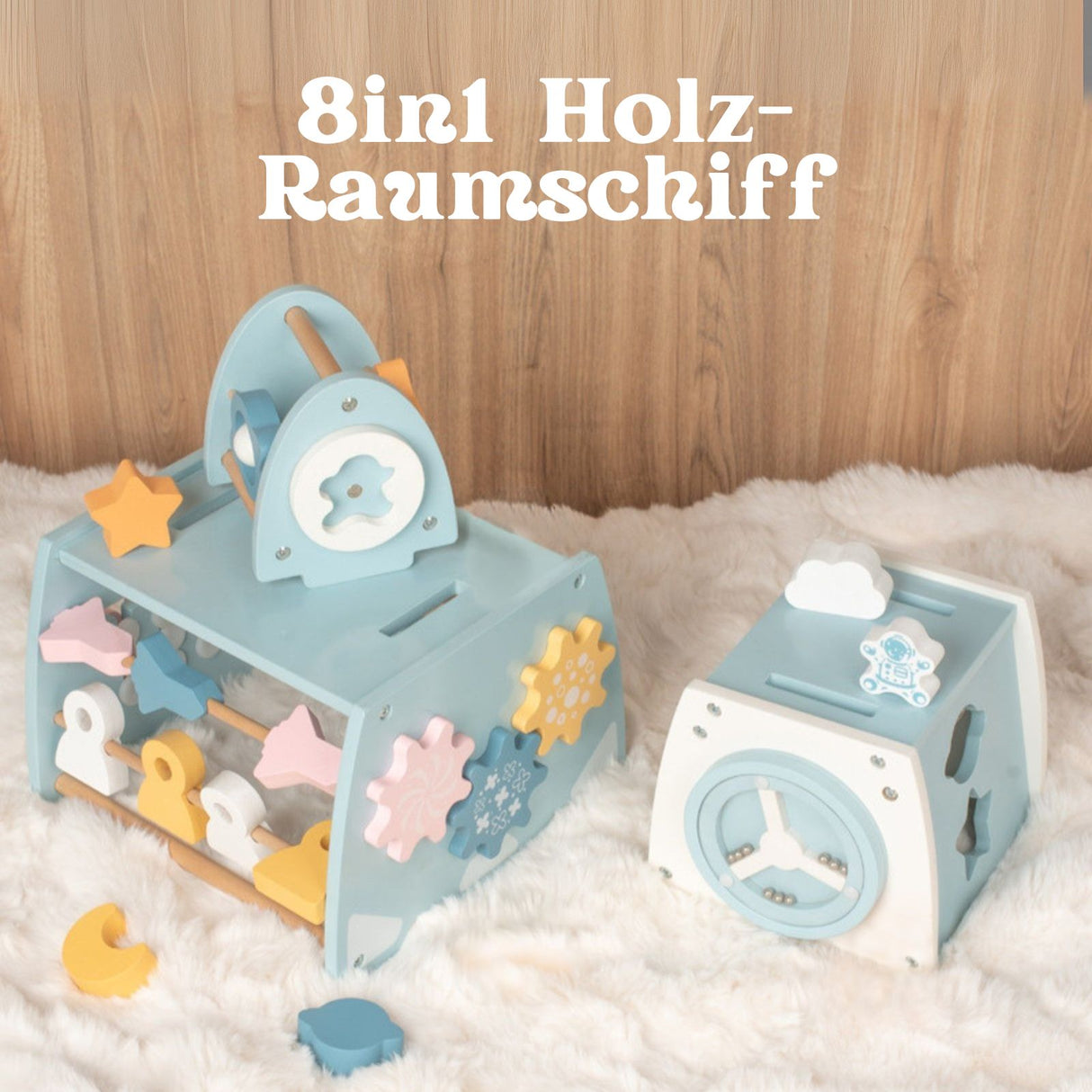 8in1-Aktivitäts-Holzraumschiff Kinderspielzeug Rakete Motorikspielzeug