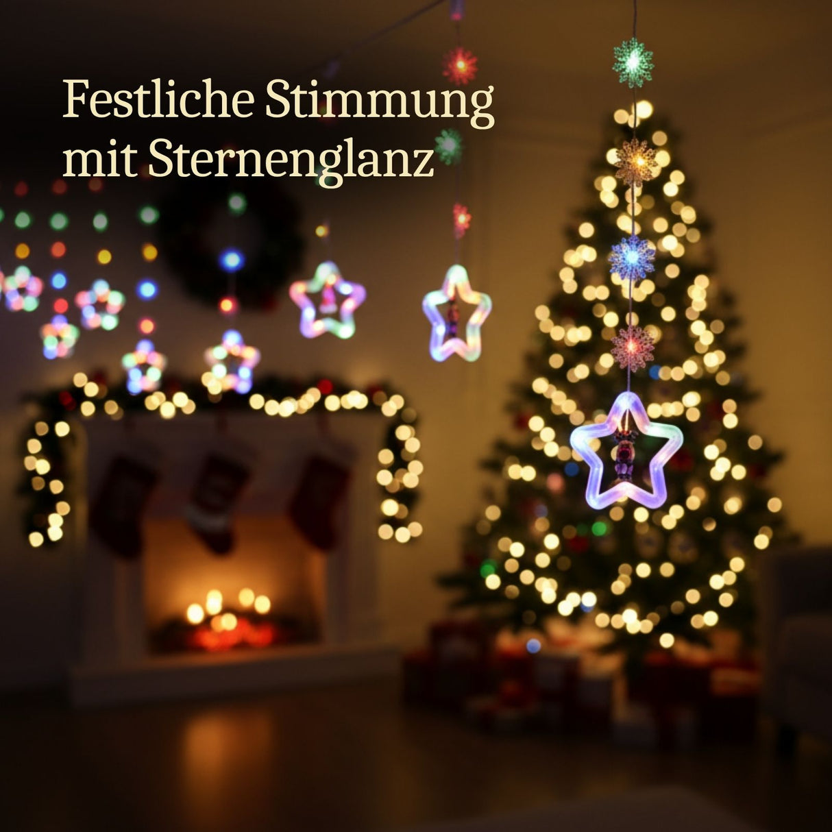 LED Weihnachtslichterkette 3m Sternen-Lichtervorhang mit Schneeflocken