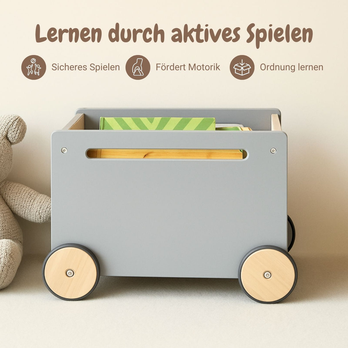 Spielzeugkiste auf Rollen Bücherkiste Spielzeugwagen Holz-Rollbox