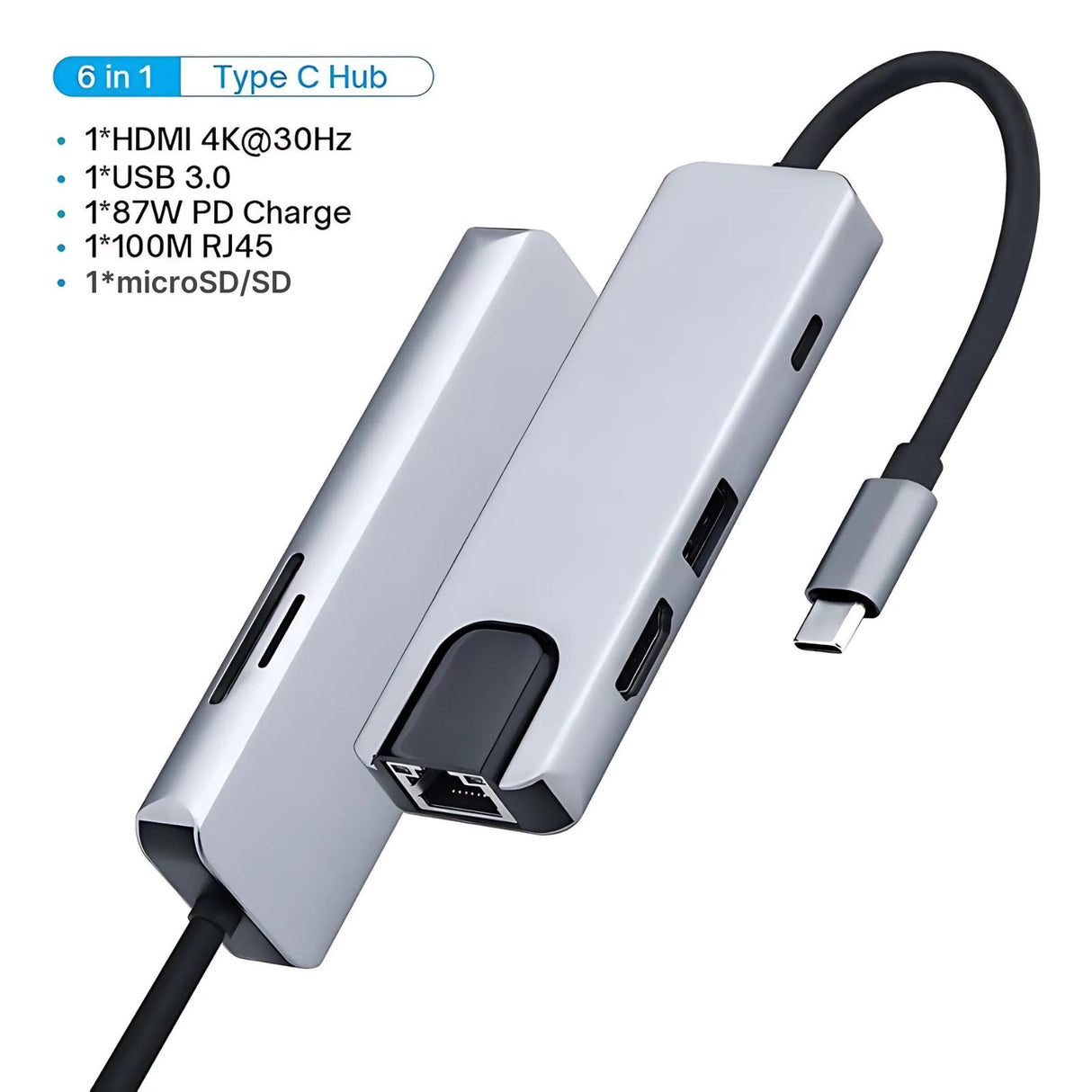 Dockingstation Multi USB-Hub USB-C 6in1 USB-A 3.0 HDMI 4K microSD/SD RJ45