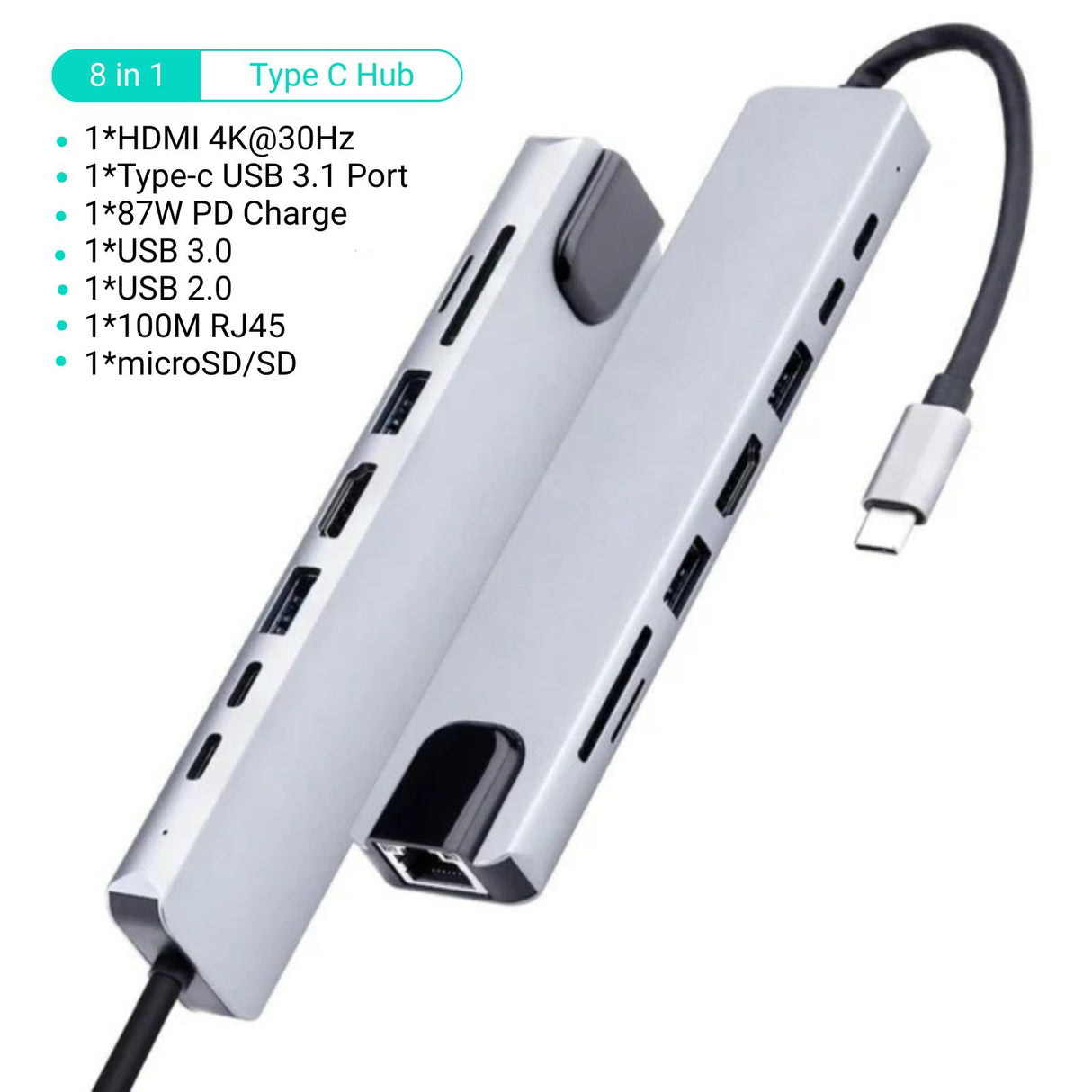 Dockingstation Multi USB-Hub USB-C 8in1 USB-A 3.0/2.0 HDMI microSD/SD RJ45