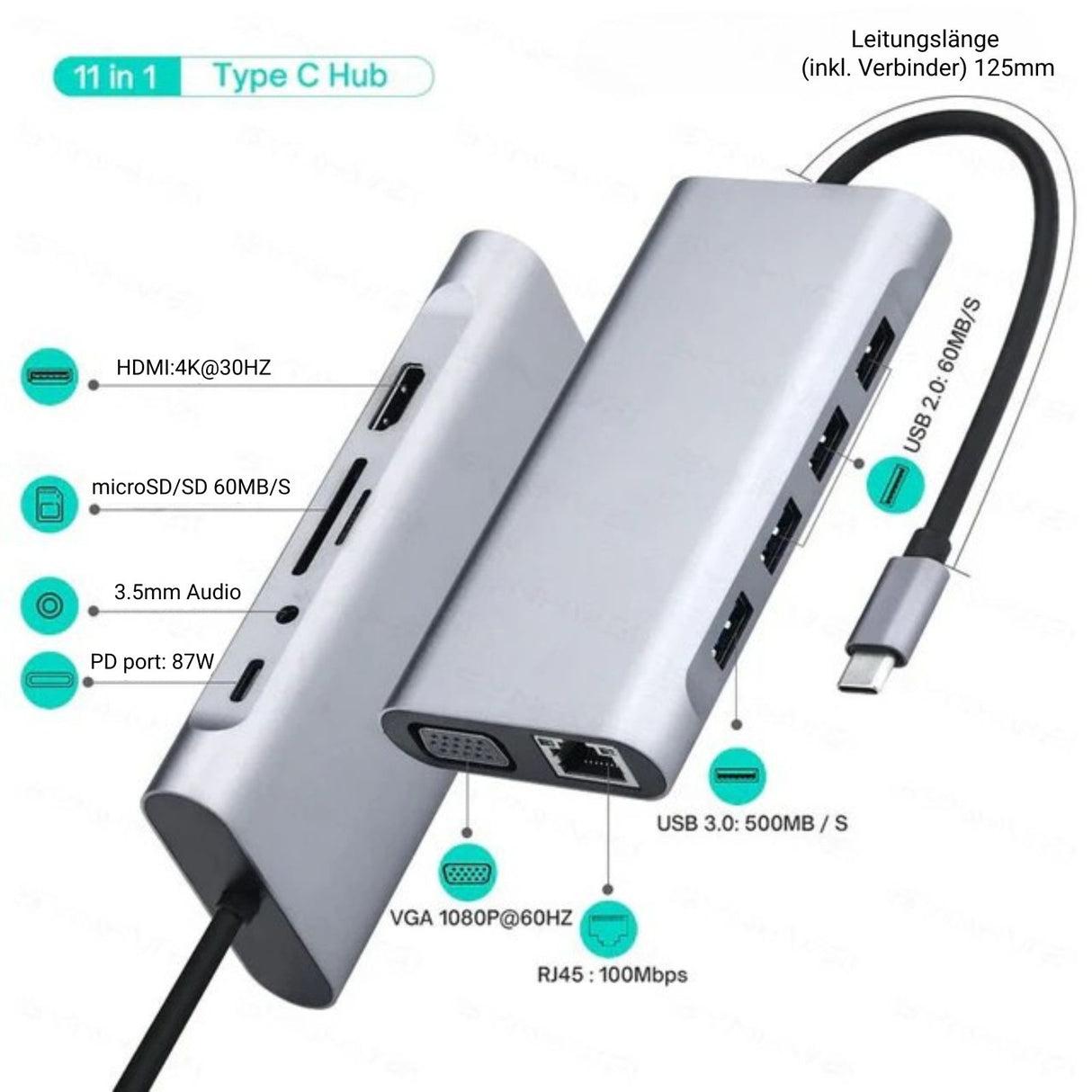 Dockingstation Multi USB-Hub USB-C 11in1 USB-A HDMI microSD/SD RJ45 AUX VGA