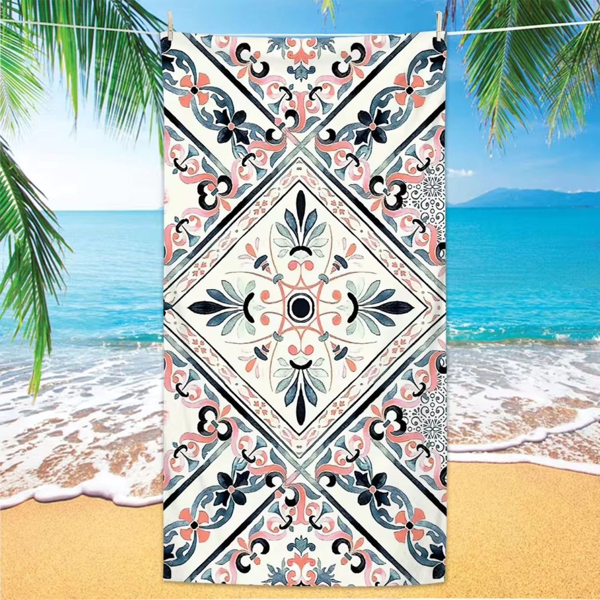 Strandtuch mediterrane Kachel Badetuch Strandlaken Liegetuch Handtuch