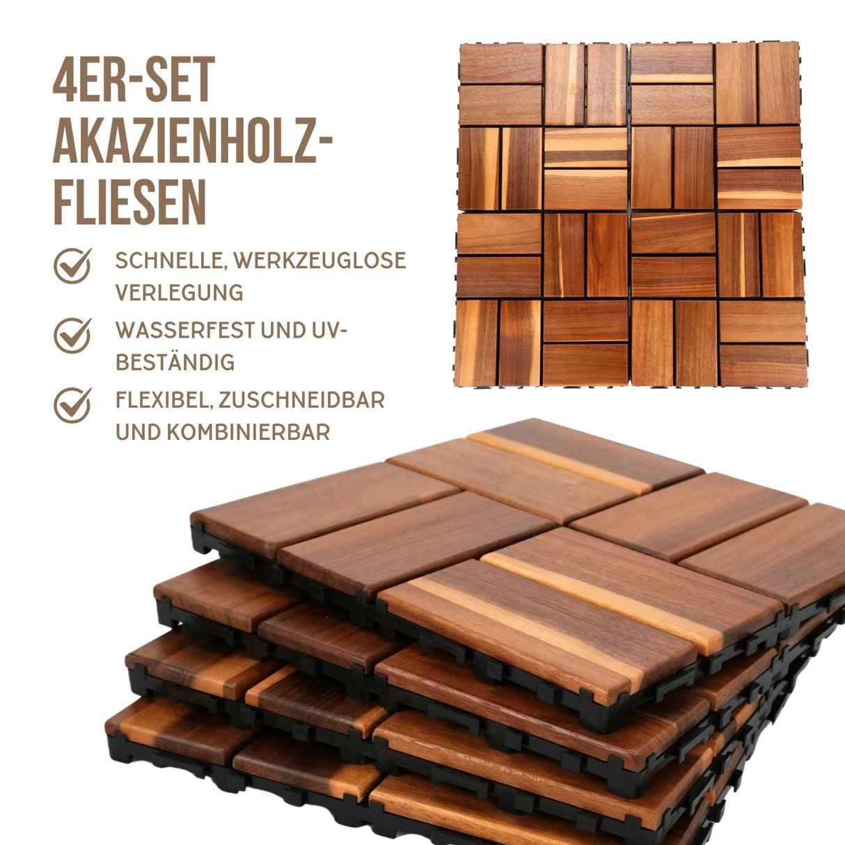 4er-Set Akazienholz-Fliesen Holzfliesen Klickfliesen Bodenplatten