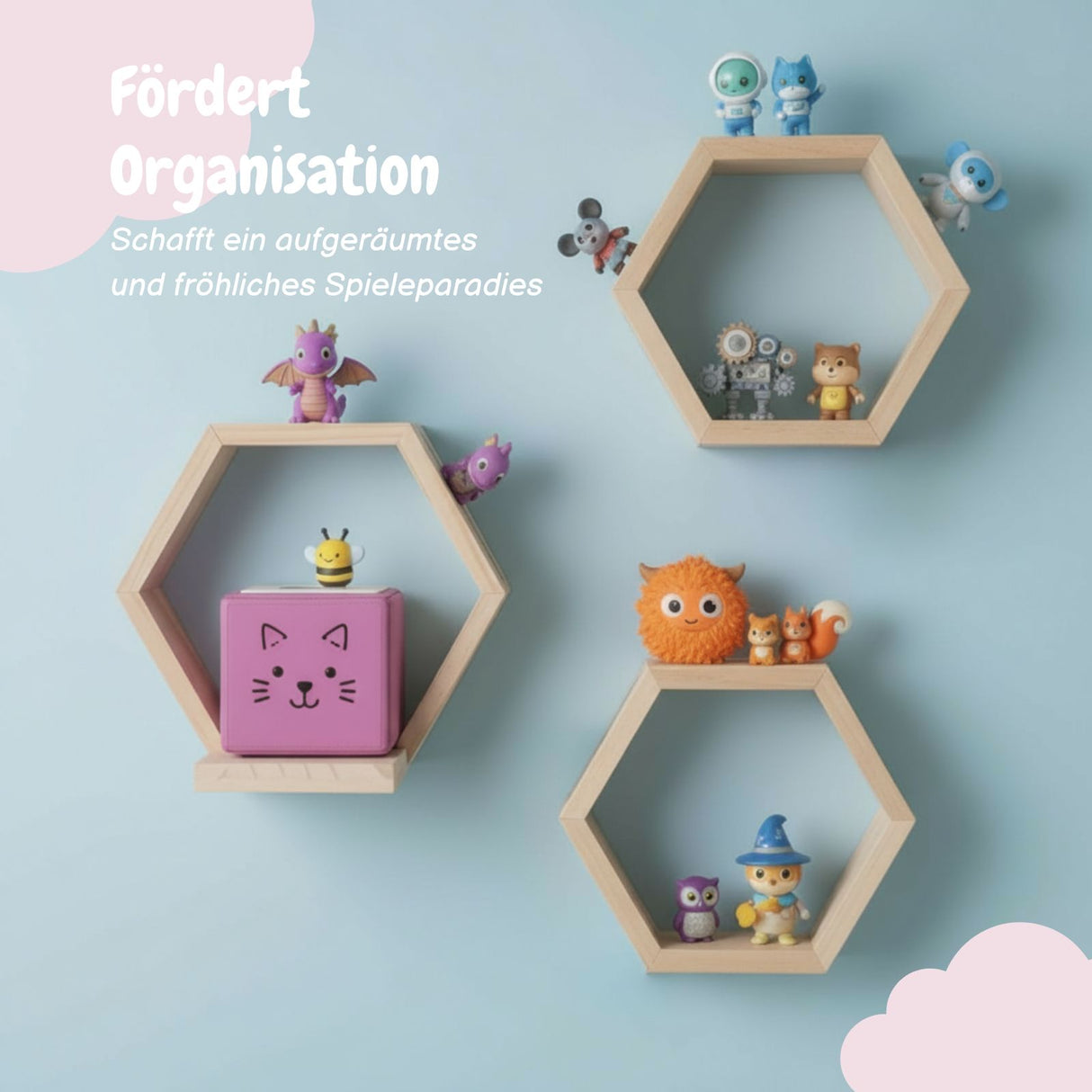 3-tlg. Hexagon Holzregal für Toniebox und Toniefiguren Waben-Wandregal