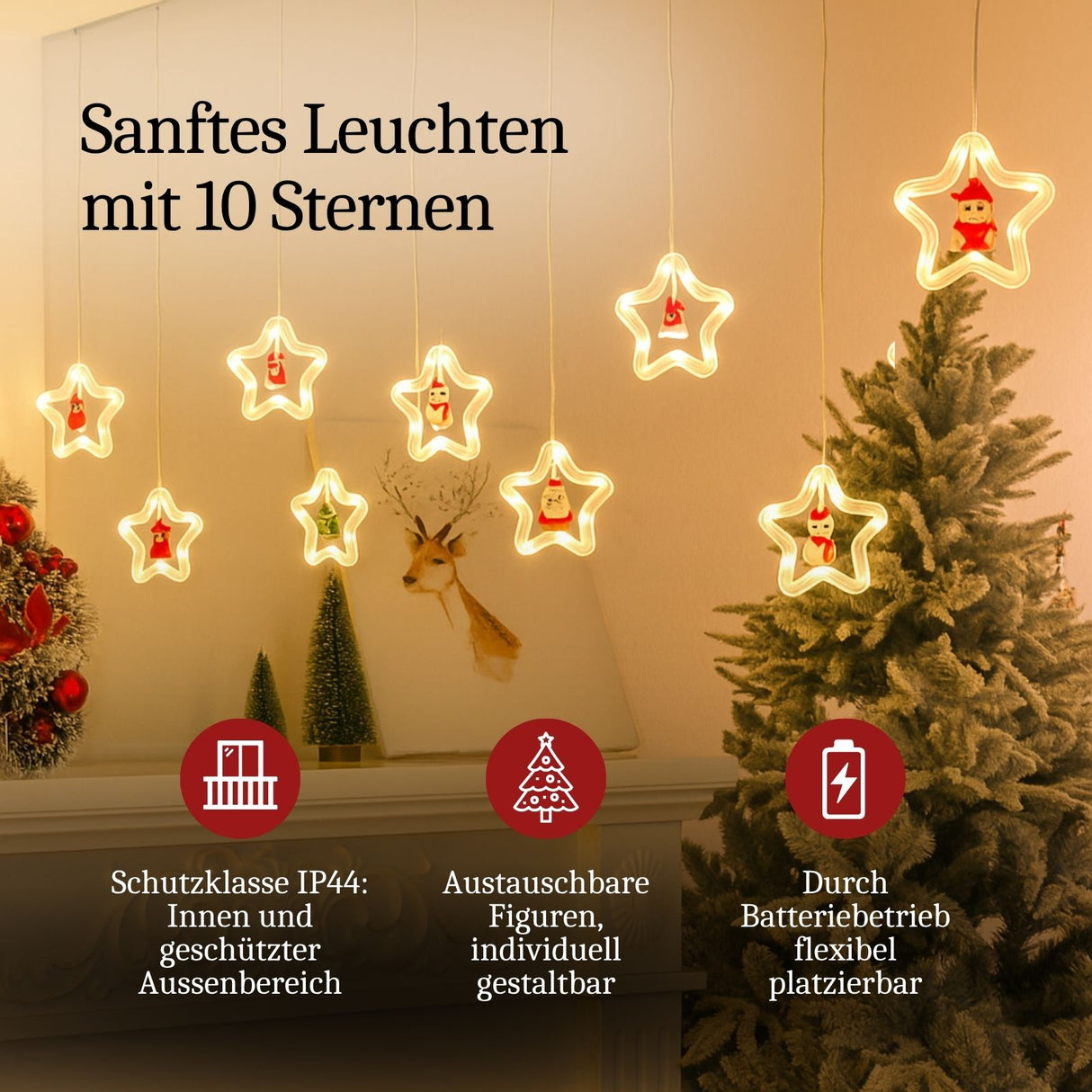 LED Weihnachtslichterkette 3m Sternen-Lichtervorhang Sternlichterkette