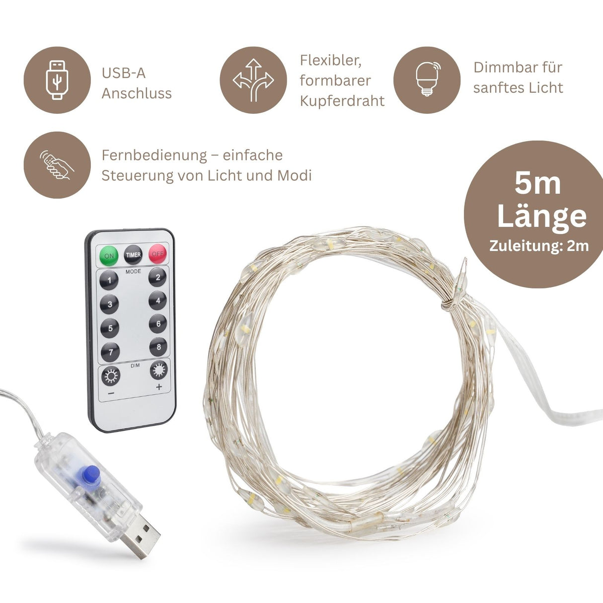 Deko-Lichter 5m LED Kupferdraht-Lichterkette Weihnachtslichterkette