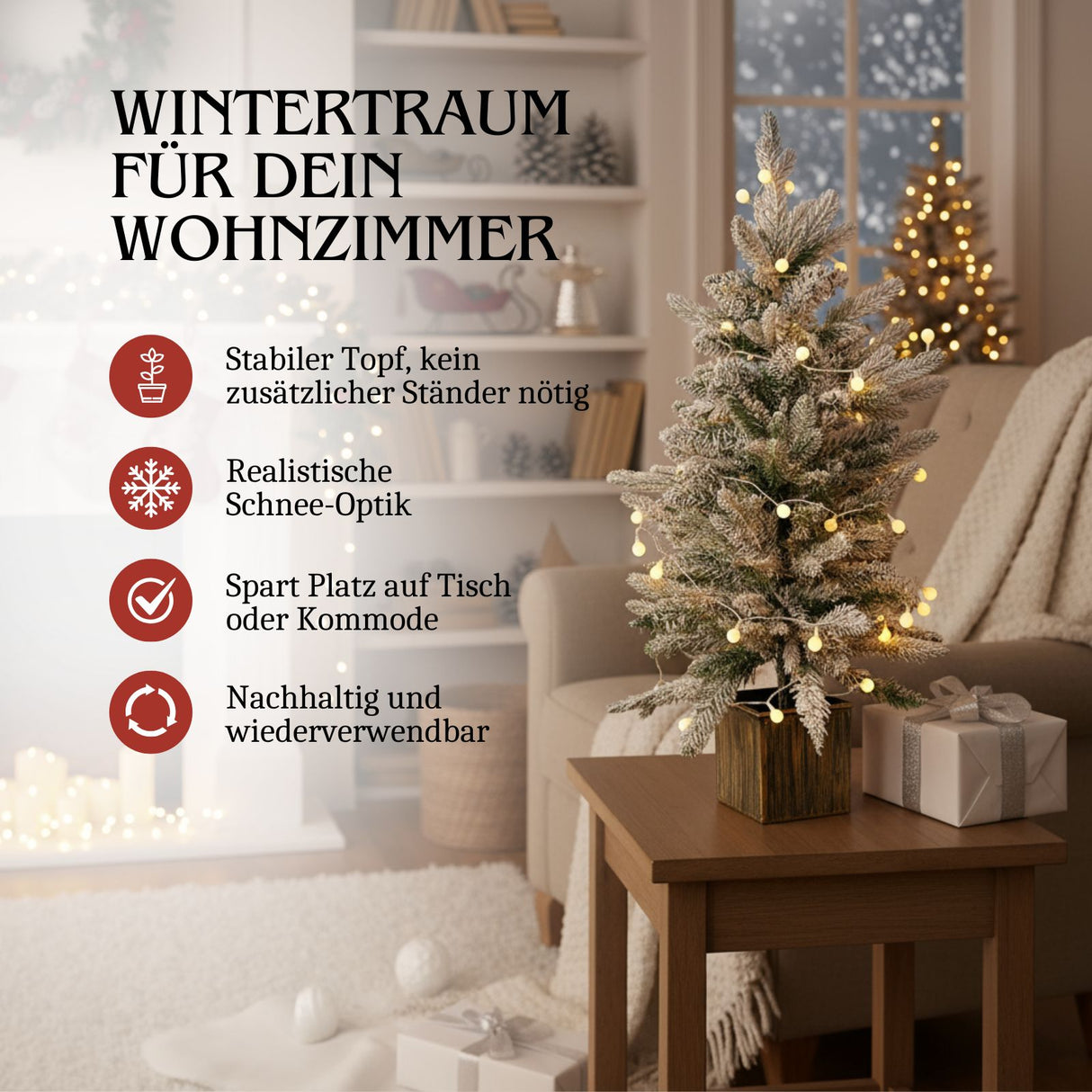 Weihnachtsbaum 90cm mit Schnee und LED Kunsttanne Tisch-Christbaum
