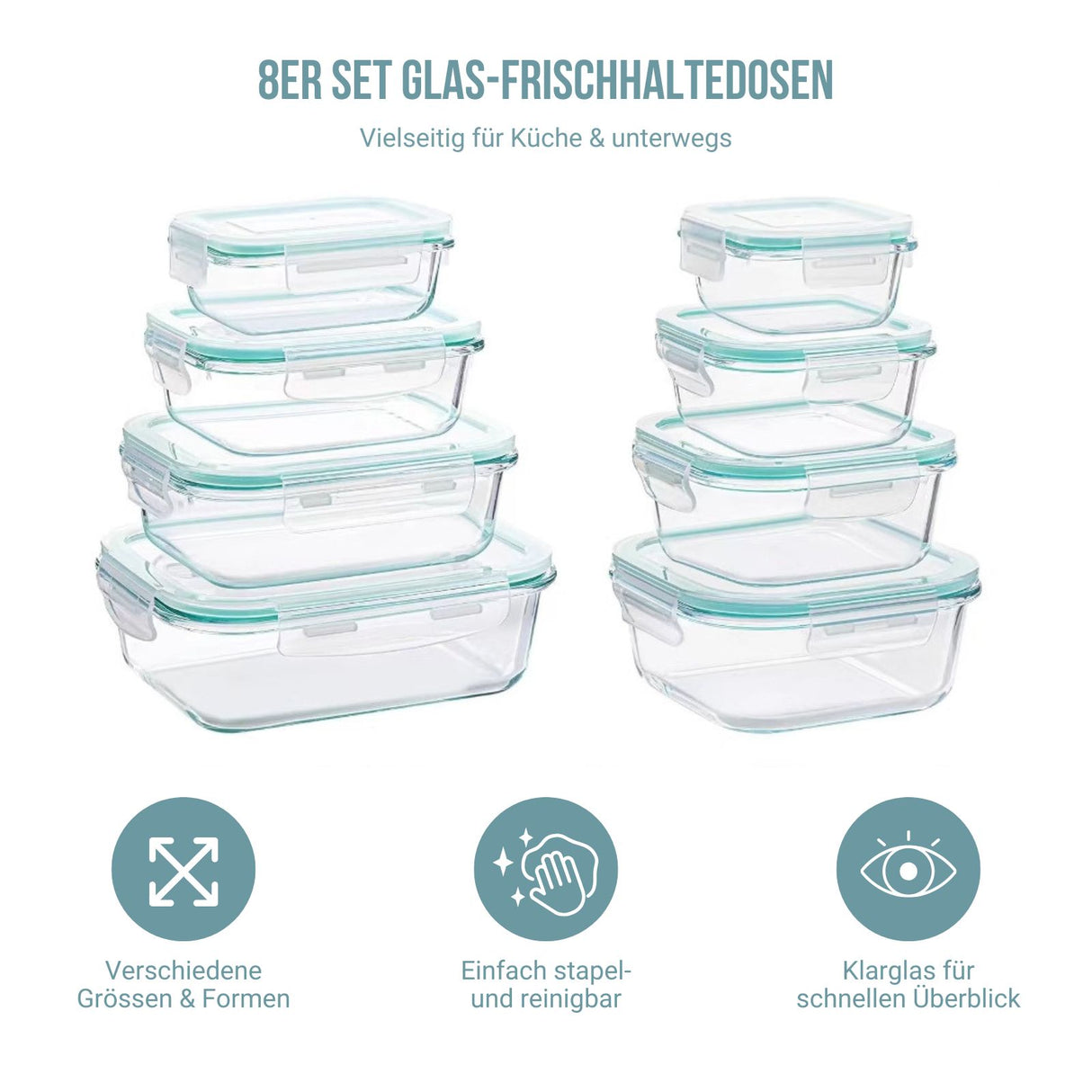 8er Set Glas-Frischhaltedosen Vorratsdosen mit Deckel Meal-Prep-Boxen