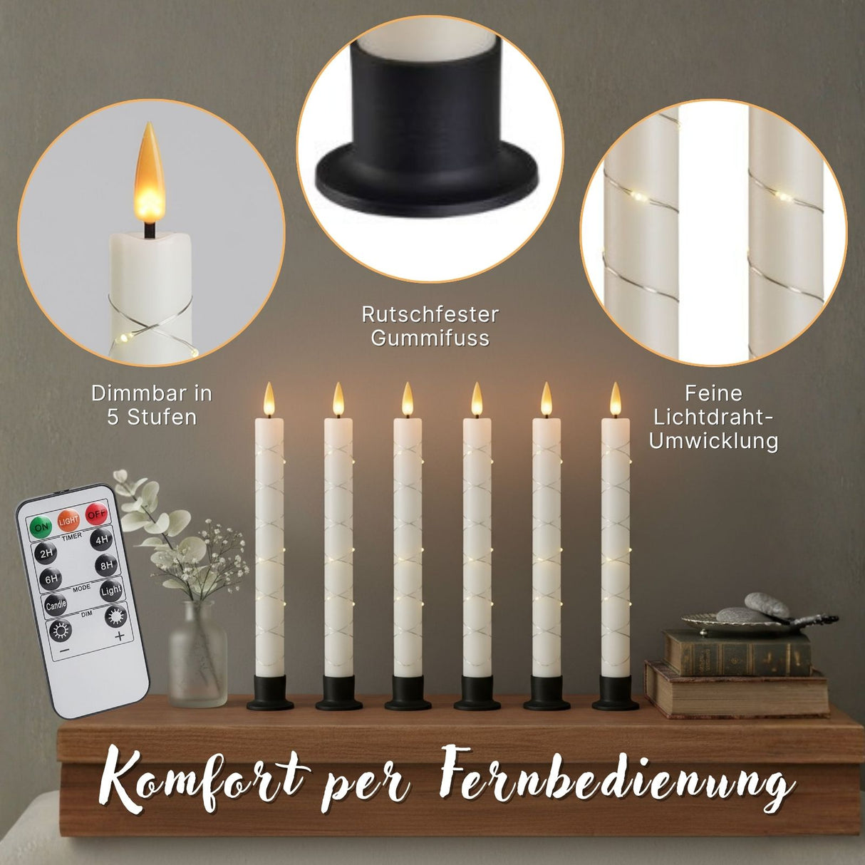LED Stabkerzen 6er-Set Dinnerkerzen Elektrische Kerzen Tischkerzen
