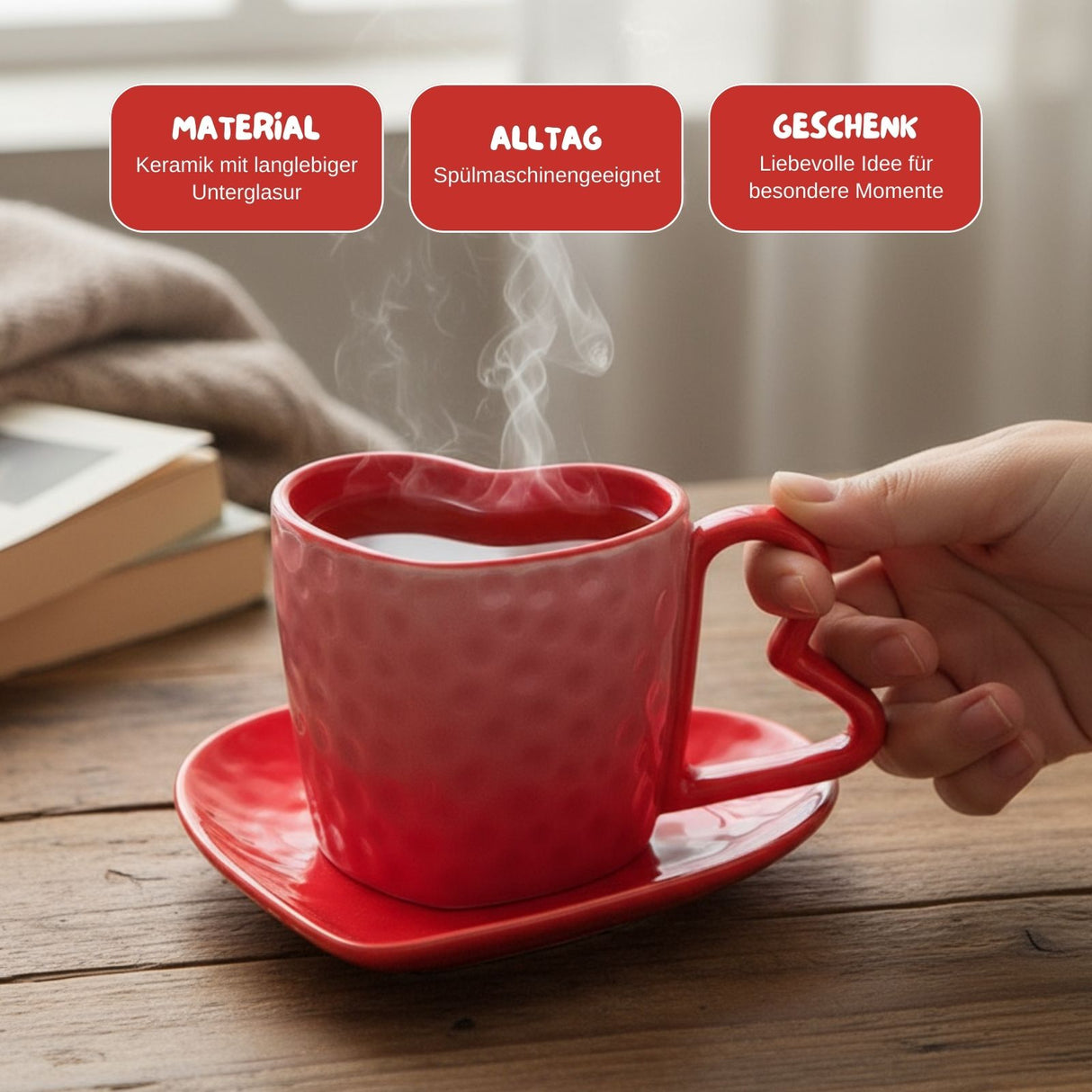 Herztasse mit Untertasse Becher Kaffeetasse Teetasse Henkeltasse